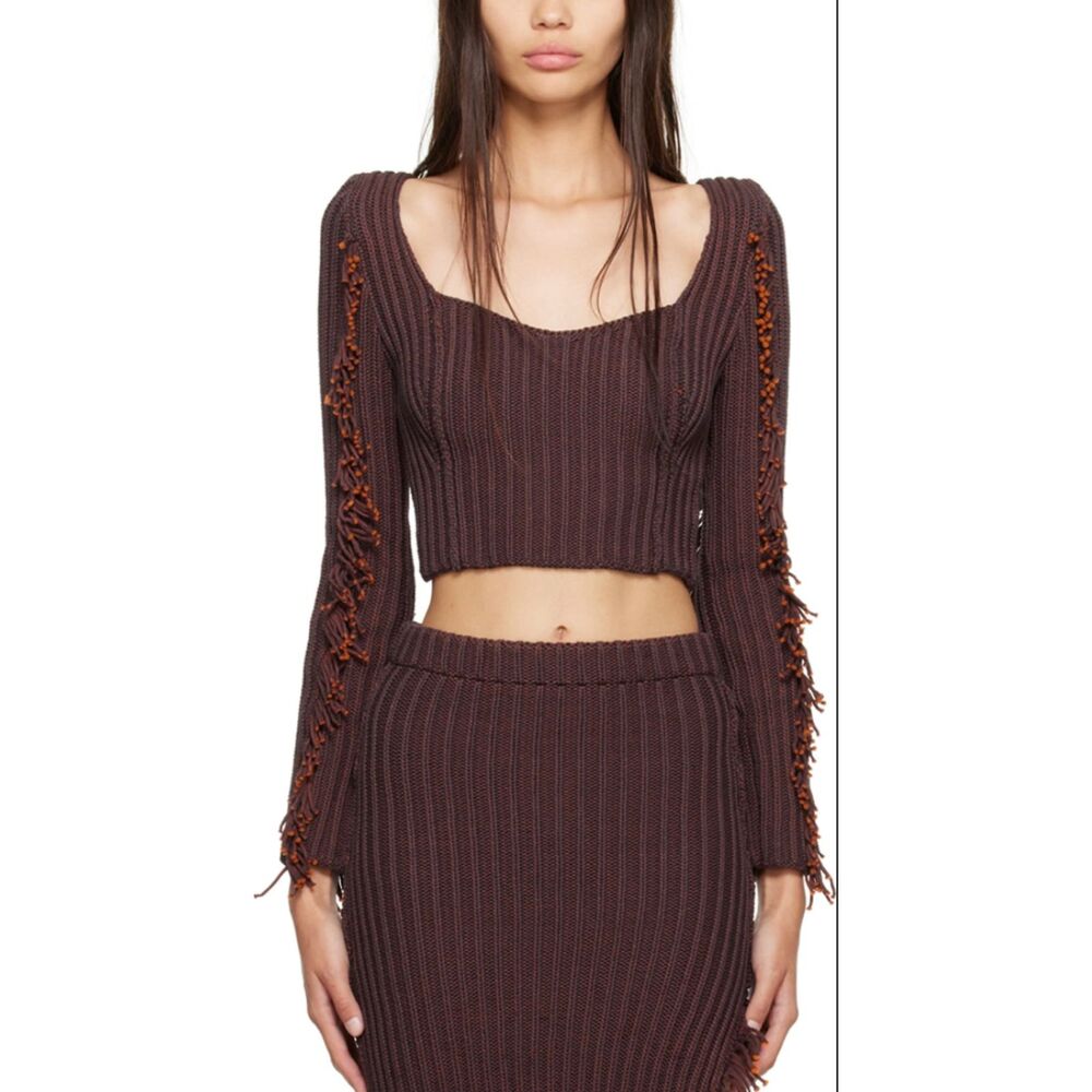 ECKHAUS LATTA Rope Cropped Fringe Sweater‎ Burgundy X-Small